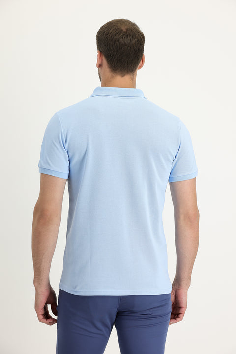 Light Blue Pocketed Polo Collar Regular Fit Embroidered Cotton T-Shirt
