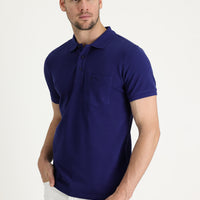 Navy Blue Pocketed Polo Collar Regular Fit Embroidered Cotton T-Shirt