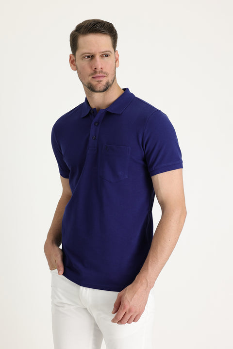 Navy Blue Pocketed Polo Collar Regular Fit Embroidered Cotton T-Shirt