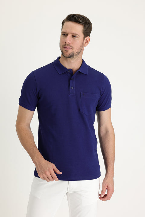 Navy Blue Pocketed Polo Collar Regular Fit Embroidered Cotton T-Shirt