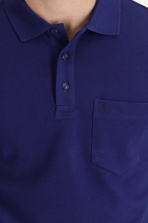 Navy Blue Pocketed Polo Collar Regular Fit Embroidered Cotton T-Shirt