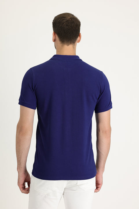 Navy Blue Pocketed Polo Collar Regular Fit Embroidered Cotton T-Shirt