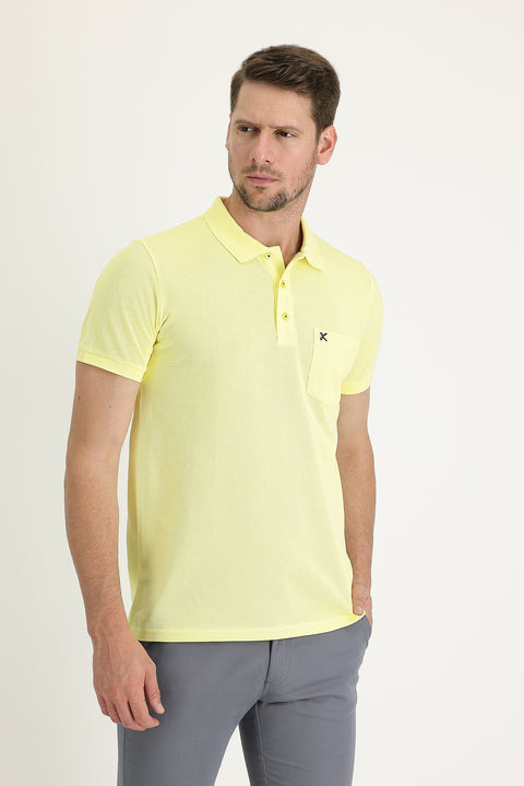 Dark Yellow Pocketed Polo Collar Regular Fit Embroidered Cotton T-Shirt