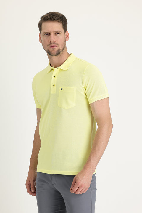 Dark Yellow Pocketed Polo Collar Regular Fit Embroidered Cotton T-Shirt