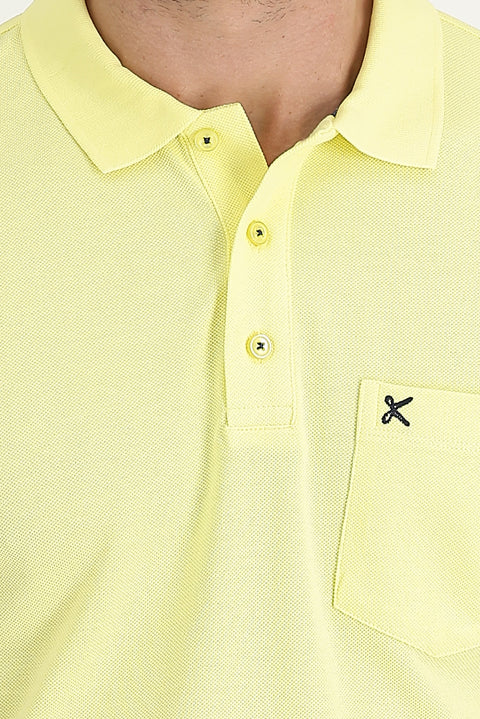 Dark Yellow Pocketed Polo Collar Regular Fit Embroidered Cotton T-Shirt