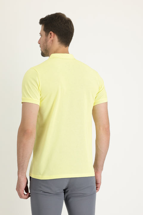 Dark Yellow Pocketed Polo Collar Regular Fit Embroidered Cotton T-Shirt