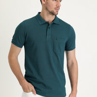 Emerald Green Pocketed Polo Collar Regular Fit Embroidered Cotton T-Shirt
