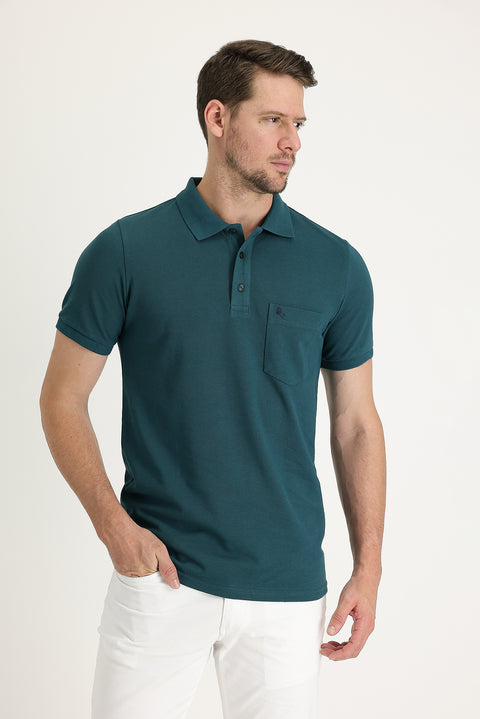 Emerald Green Pocketed Polo Collar Regular Fit Embroidered Cotton T-Shirt