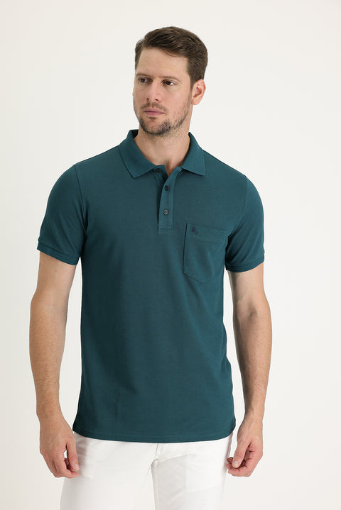 Emerald Green Pocketed Polo Collar Regular Fit Embroidered Cotton T-Shirt