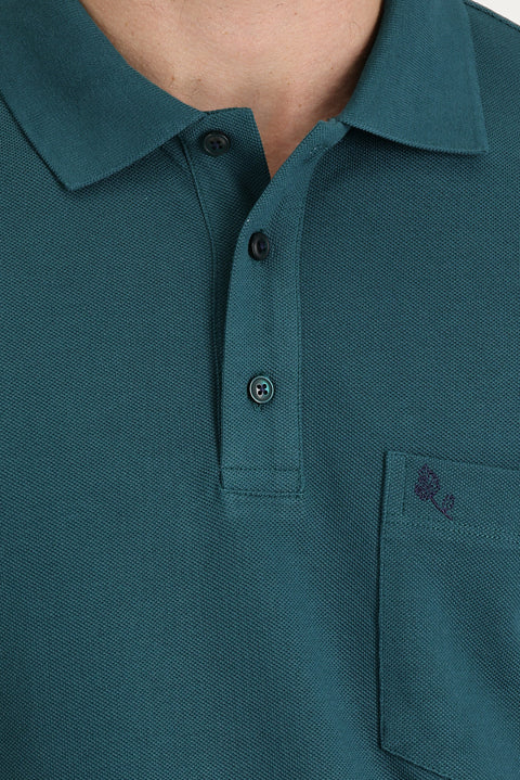 Emerald Green Pocketed Polo Collar Regular Fit Embroidered Cotton T-Shirt