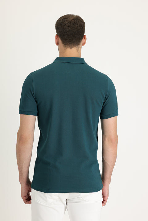 Emerald Green Pocketed Polo Collar Regular Fit Embroidered Cotton T-Shirt