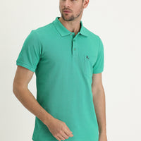 Dark Green Pocketed Polo Collar Regular Fit Embroidered Cotton T-Shirt