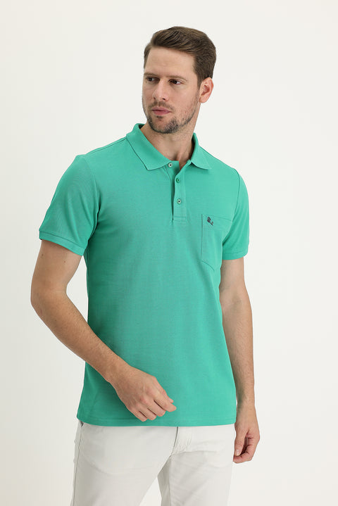 Dark Green Pocketed Polo Collar Regular Fit Embroidered Cotton T-Shirt