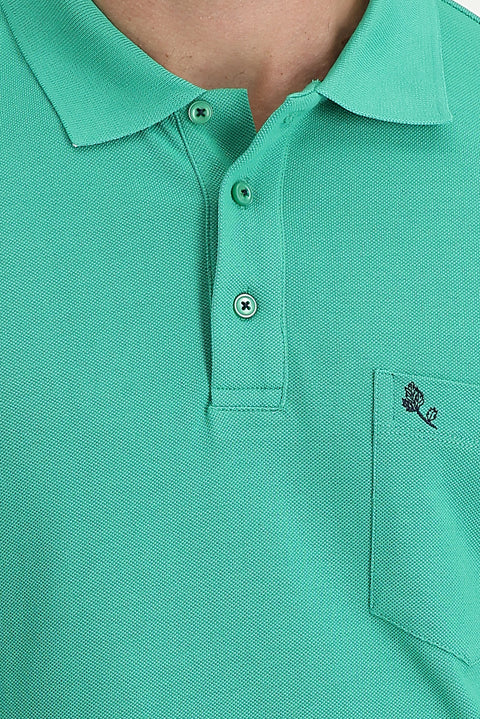 Dark Green Pocketed Polo Collar Regular Fit Embroidered Cotton T-Shirt