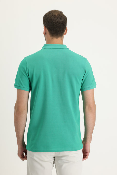Dark Green Pocketed Polo Collar Regular Fit Embroidered Cotton T-Shirt