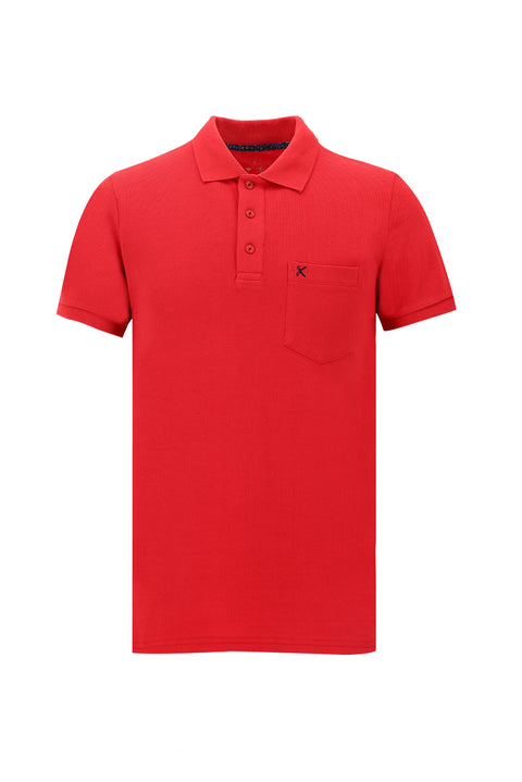 Dark Red Pocketed Polo Collar Regular Fit Embroidered Cotton T-Shirt