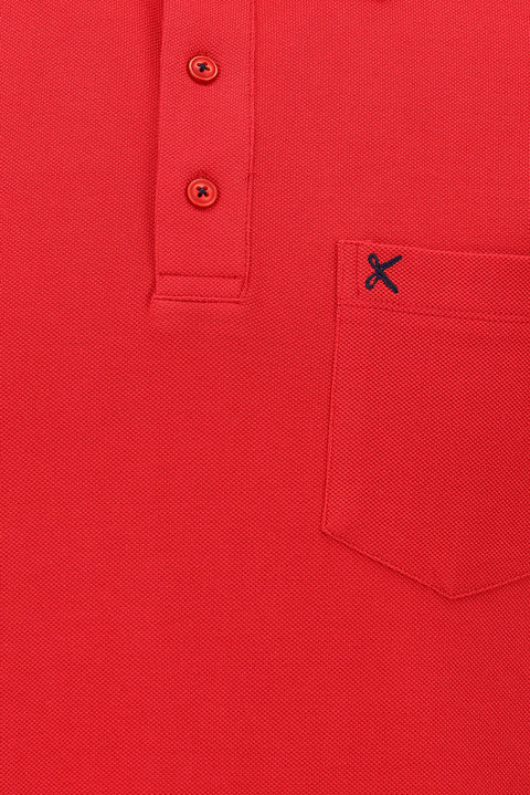 Dark Red Pocketed Polo Collar Regular Fit Embroidered Cotton T-Shirt