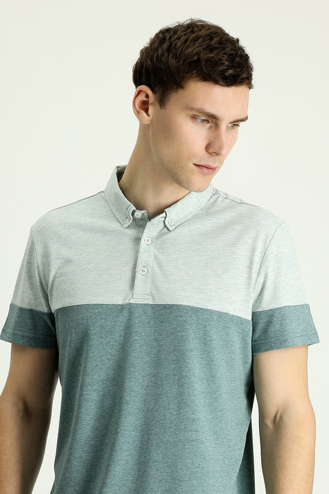 Su Yeşili Polo Yaka Regular Fit Desenli Tişört