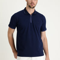 Dark Navy Polo Collar Regular Fit Zip-Up Embroidered Cotton T-Shirt