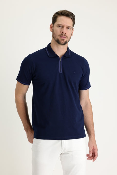 Dark Navy Polo Collar Regular Fit Zip-Up Embroidered Cotton T-Shirt