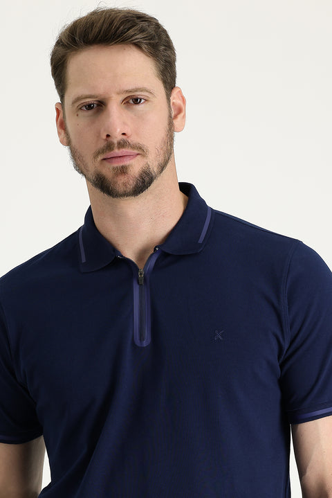 Dark Navy Polo Collar Regular Fit Zip-Up Embroidered Cotton T-Shirt