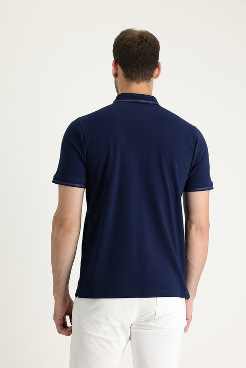 Dark Navy Polo Collar Regular Fit Zip-Up Embroidered Cotton T-Shirt