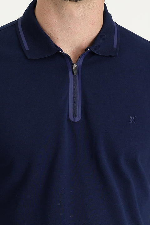 Dark Navy Polo Collar Regular Fit Zip-Up Embroidered Cotton T-Shirt