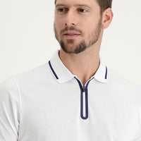 White Polo Collar Regular Fit Zip-Up Embroidered Cotton T-Shirt