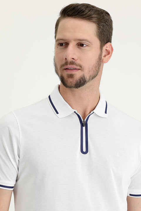 White Polo Collar Regular Fit Zip-Up Embroidered Cotton T-Shirt