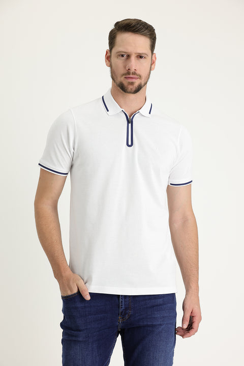 White Polo Collar Regular Fit Zip-Up Embroidered Cotton T-Shirt