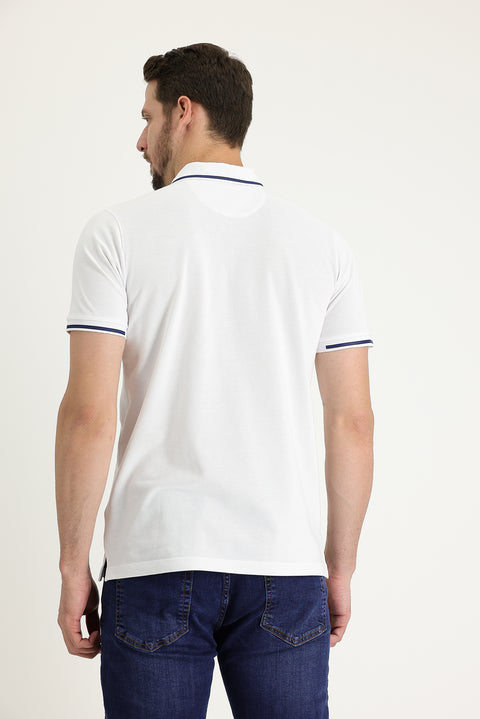 White Polo Collar Regular Fit Zip-Up Embroidered Cotton T-Shirt