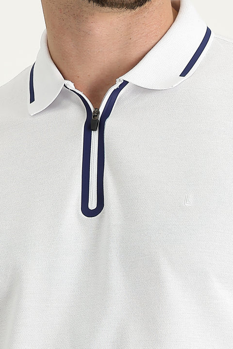 White Polo Collar Regular Fit Zip-Up Embroidered Cotton T-Shirt