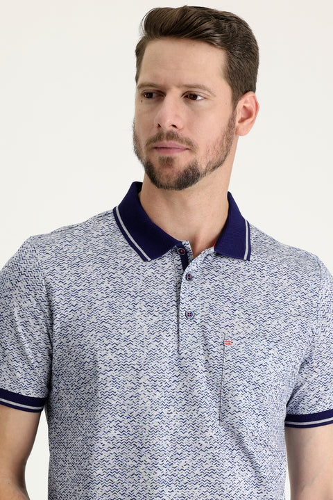 Light Blue Polo Collar Slim Fit Patterned Cotton T-shirt