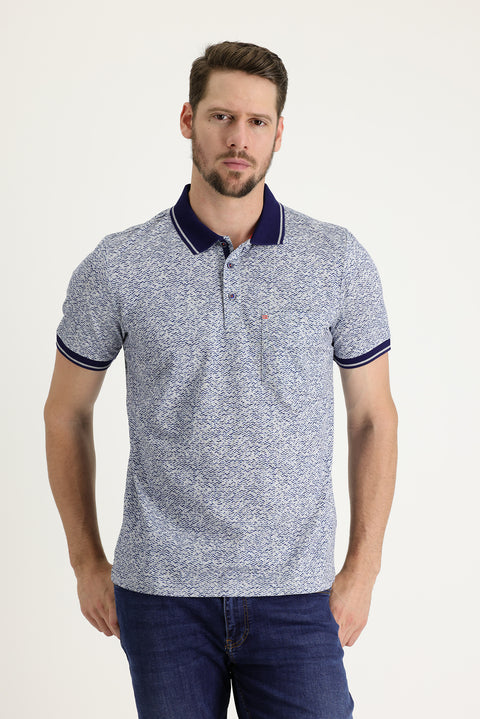 Light Blue Polo Collar Slim Fit Patterned Cotton T-shirt