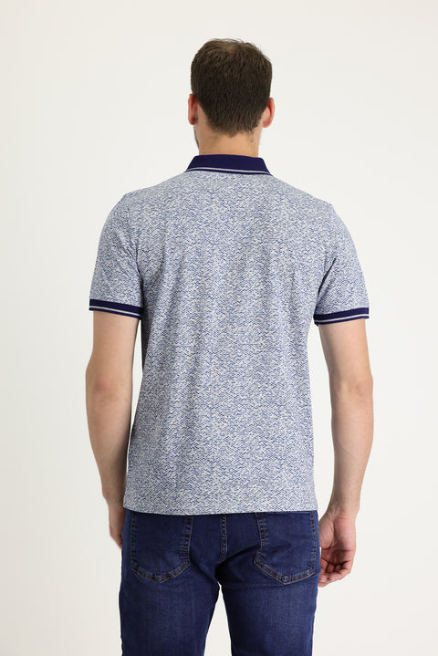 Light Blue Polo Collar Slim Fit Patterned Cotton T-shirt
