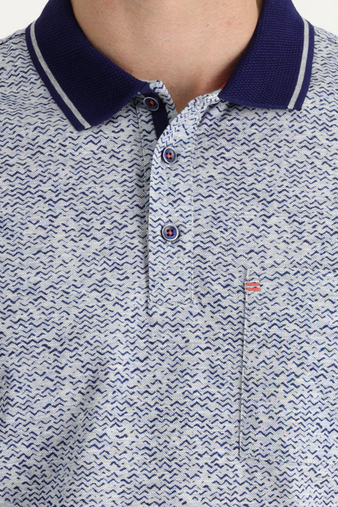 Light Blue Polo Collar Slim Fit Patterned Cotton T-shirt