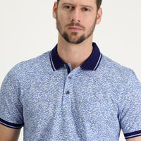 Blue Polo Collar Slim Fit Narrow Cut Patterned Cotton T-shirt