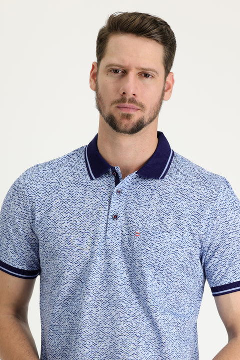 Blue Polo Collar Slim Fit Narrow Cut Patterned Cotton T-shirt