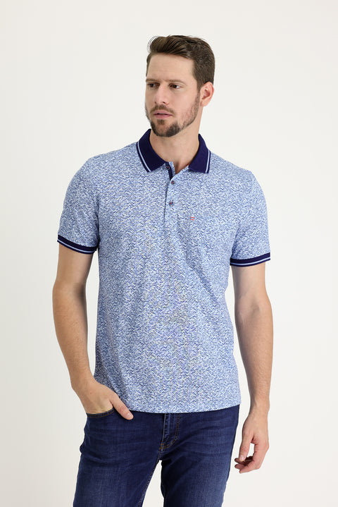 Blue Polo Collar Slim Fit Narrow Cut Patterned Cotton T-shirt