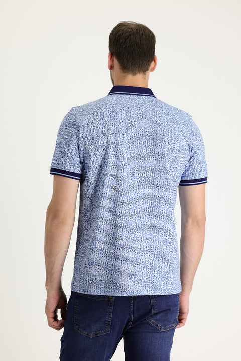 Blue Polo Collar Slim Fit Narrow Cut Patterned Cotton T-shirt