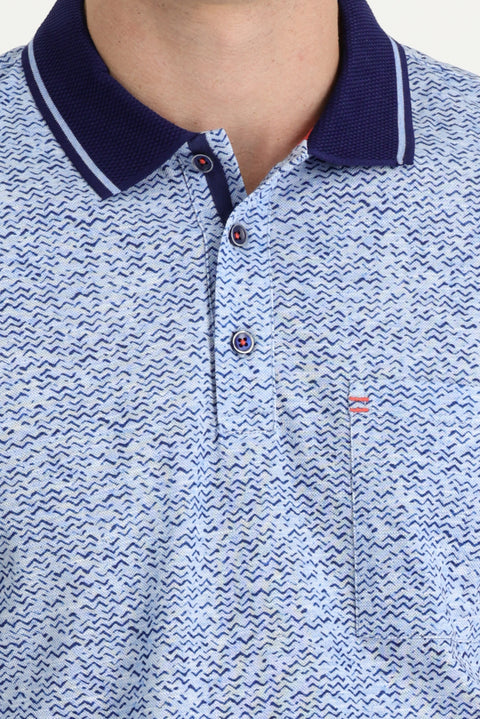 Blue Polo Collar Slim Fit Narrow Cut Patterned Cotton T-shirt