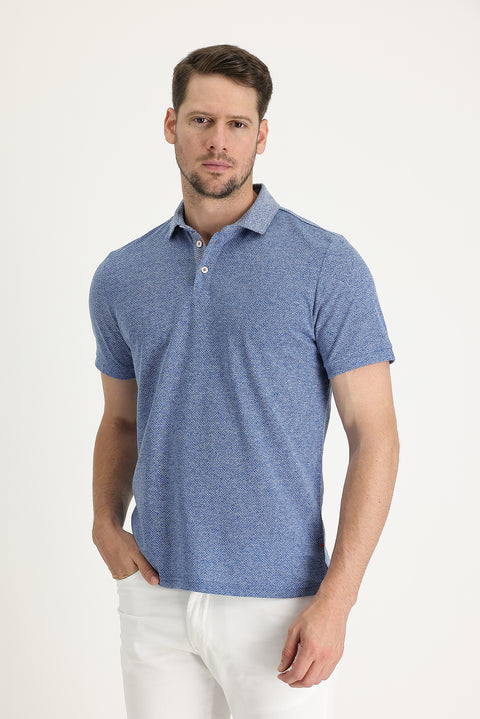 Light Navy Blue Polo Collar Regular Fit Patterned Cotton T-shirt