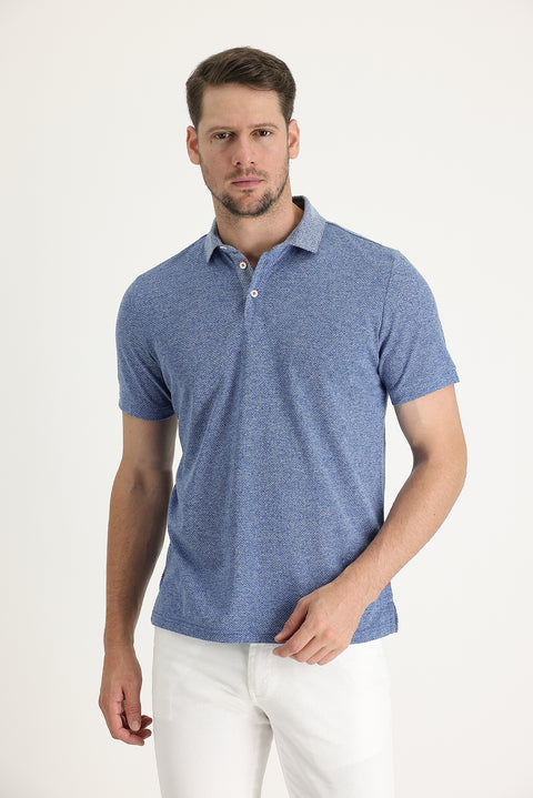 Light Navy Blue Polo Collar Regular Fit Patterned Cotton T-shirt