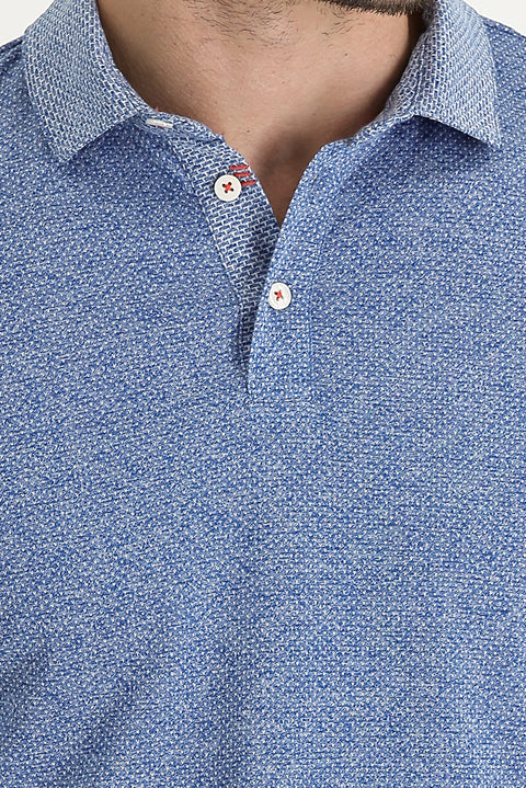 Light Navy Blue Polo Collar Regular Fit Patterned Cotton T-shirt