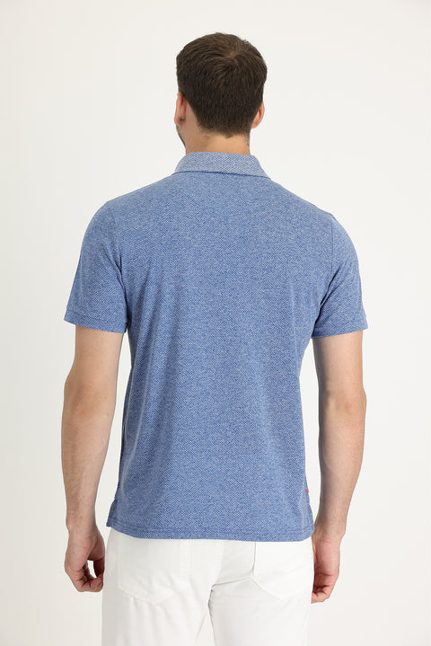 Light Navy Blue Polo Collar Regular Fit Patterned Cotton T-shirt