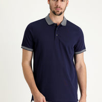 Medium Navy Polo Collar Regular Fit Patterned Embroidered Cotton T-Shirt