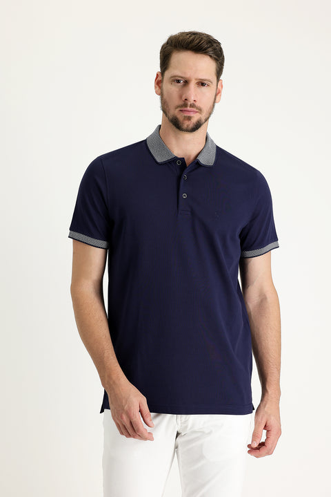 Medium Navy Polo Collar Regular Fit Patterned Embroidered Cotton T-Shirt