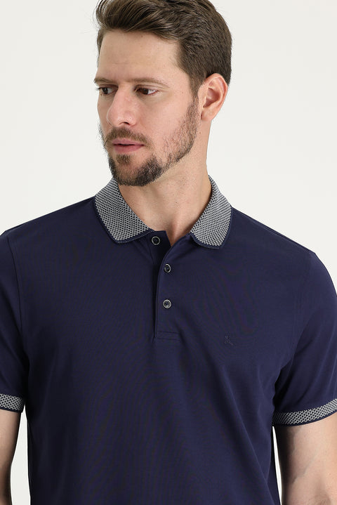 Medium Navy Polo Collar Regular Fit Patterned Embroidered Cotton T-Shirt