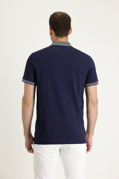 Medium Navy Polo Collar Regular Fit Patterned Embroidered Cotton T-Shirt