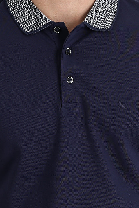 Medium Navy Polo Collar Regular Fit Patterned Embroidered Cotton T-Shirt